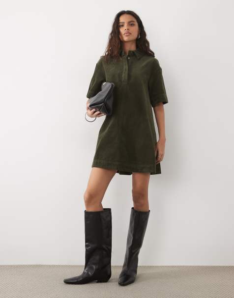 ASOS DESIGN cord polojurk mini in olijfgroen - view 1