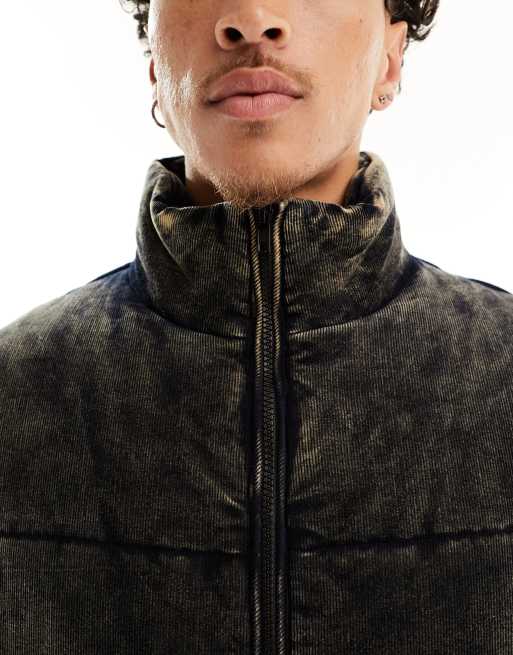 ASOS DESIGN cord puffer jacket with acid wash