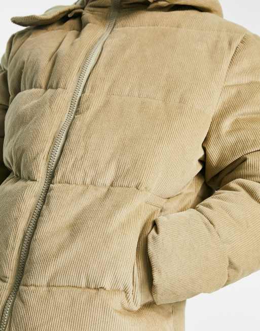 ASOS DESIGN cord puffer jacket with removable hood in tan