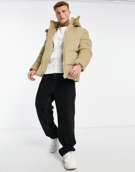 ASOS DESIGN cord puffer jacket with removable hood in tan