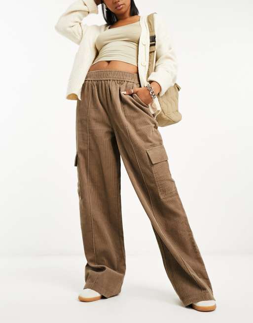 ASOS DESIGN cord pull on cargo pants in biscuit