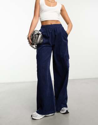 Asos Design Cord Pull-on Cargo Pants In Blue In Blue