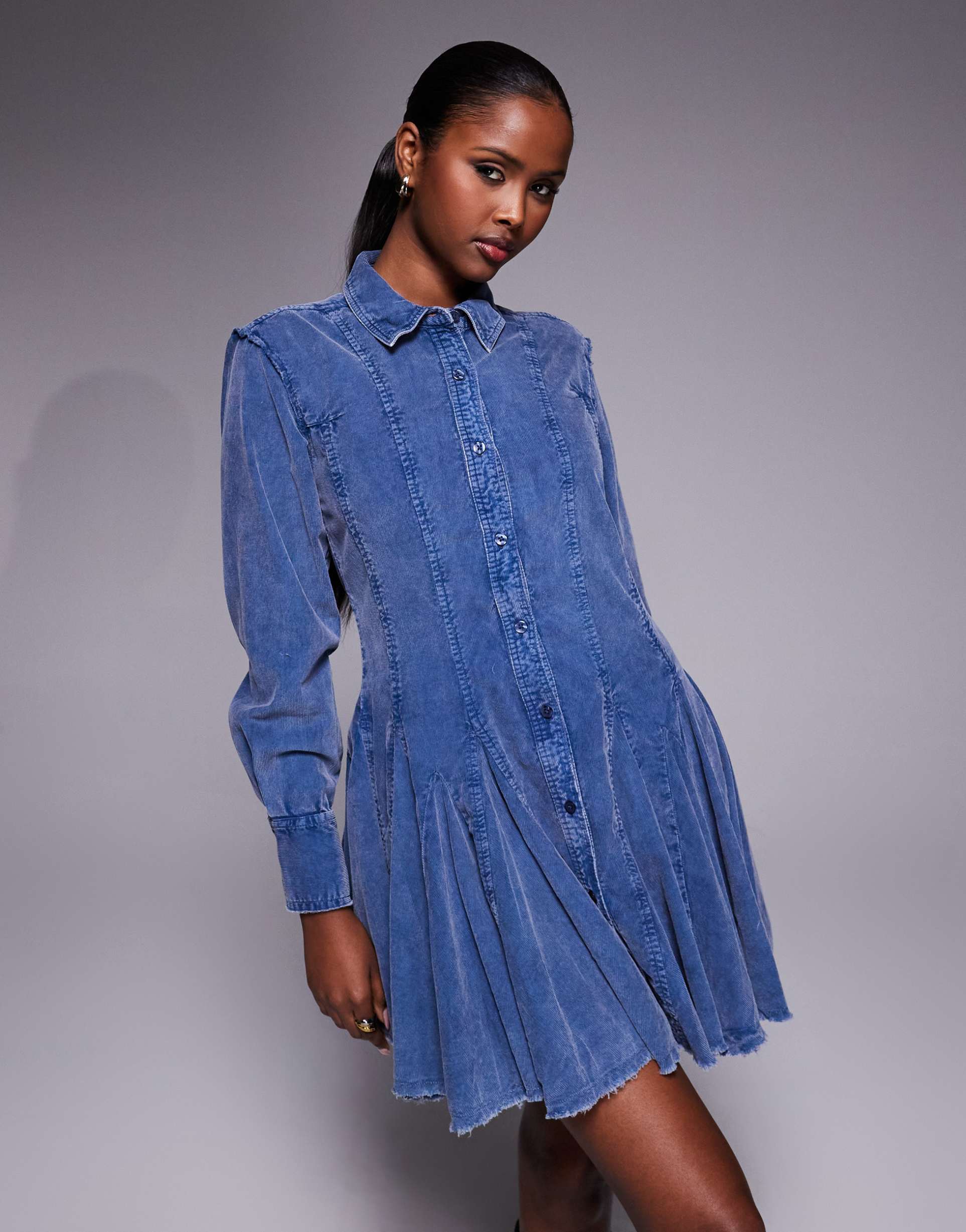 asos design cord shirt dress with nipped-in waist and godets in denim blue