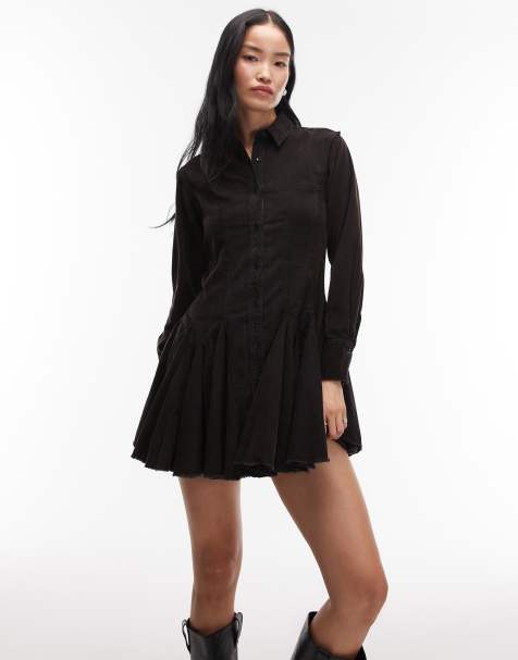 ASOS DESIGN cord shirt dress with nipped-in waist and godets in washed black - view 1
