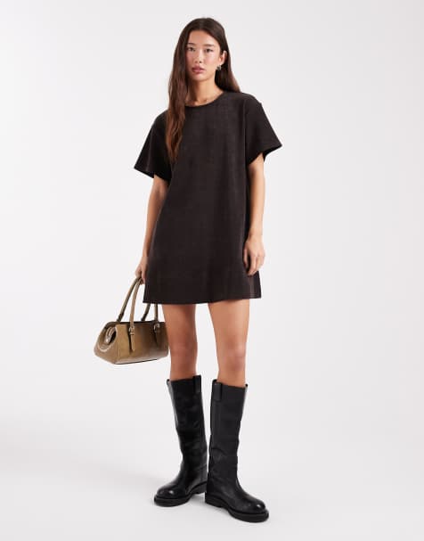 ASOS DESIGN cord short sleeve mini shift dress with pockets in chocolate - view 1