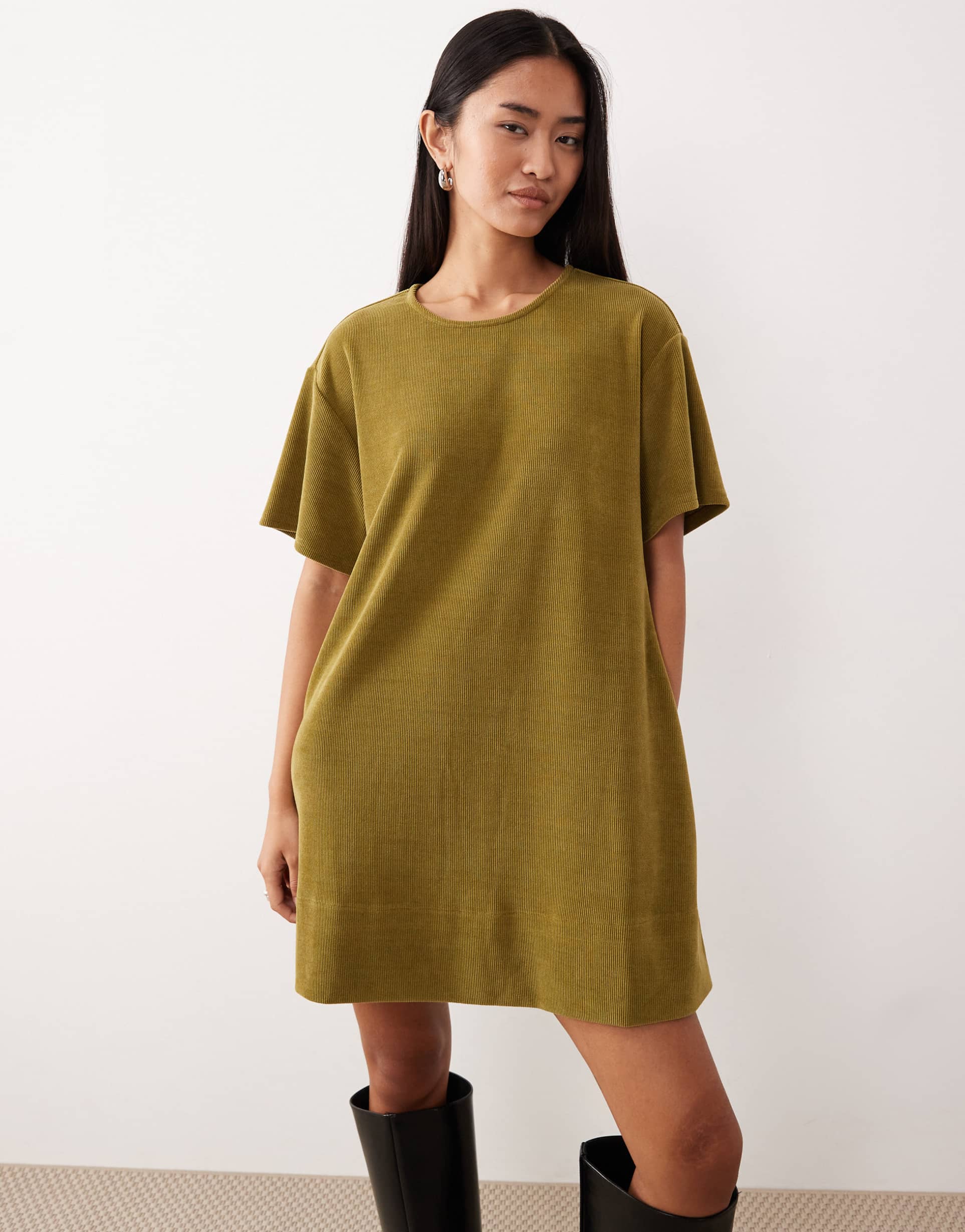 asos design cord short sleeve shift mini dress with pockets in green