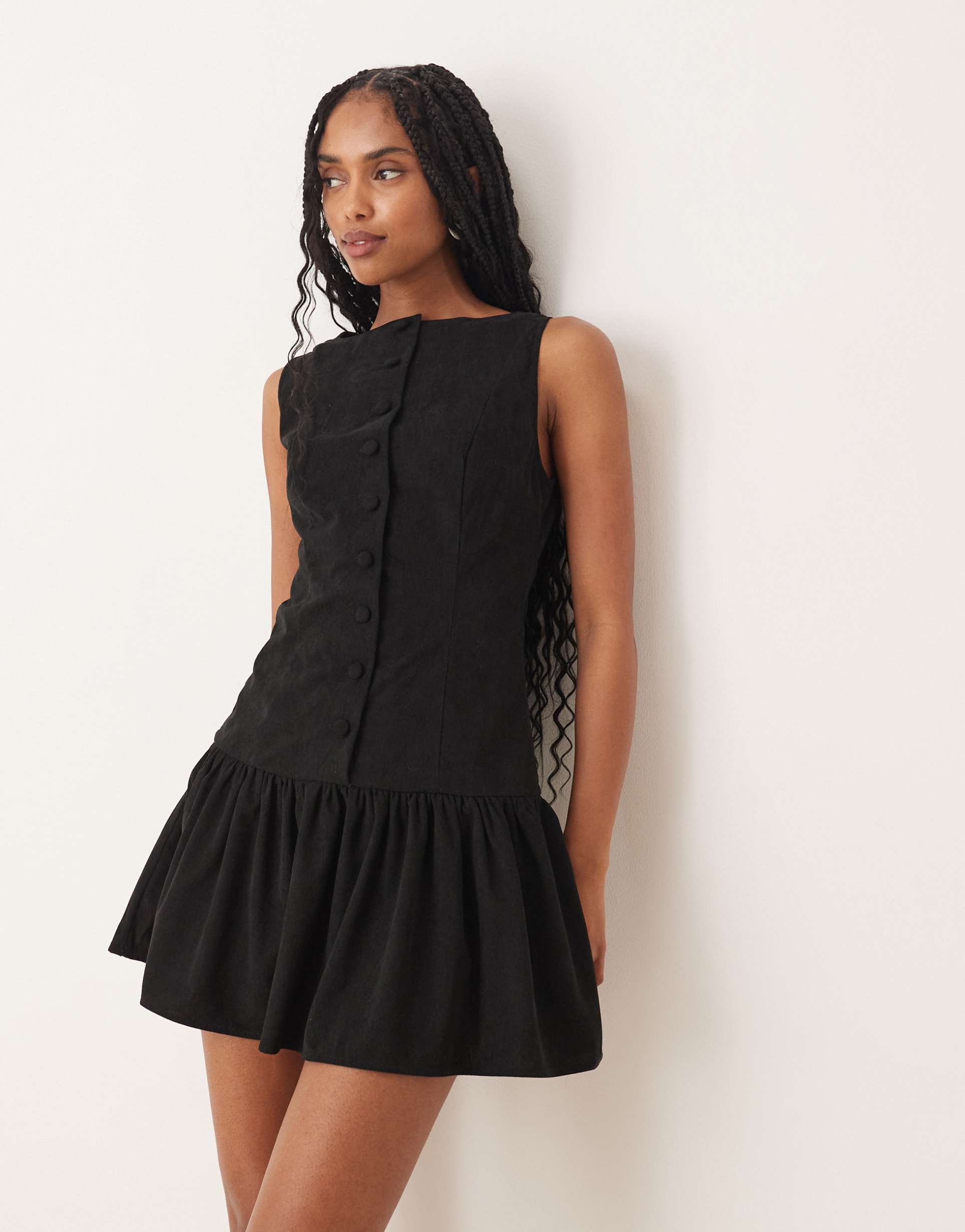asos design cord slash neck button down dropped waist mini dress in black