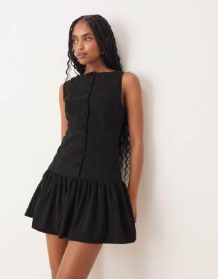 Asos Design Cord Slash Neck Button Down Dropped Waist Mini Dress In Black
