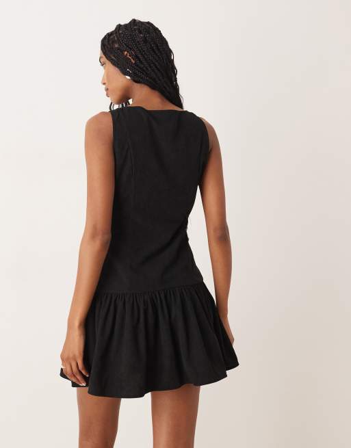 ASOS DESIGN cord slash neck button down dropped waist mini dress in black
