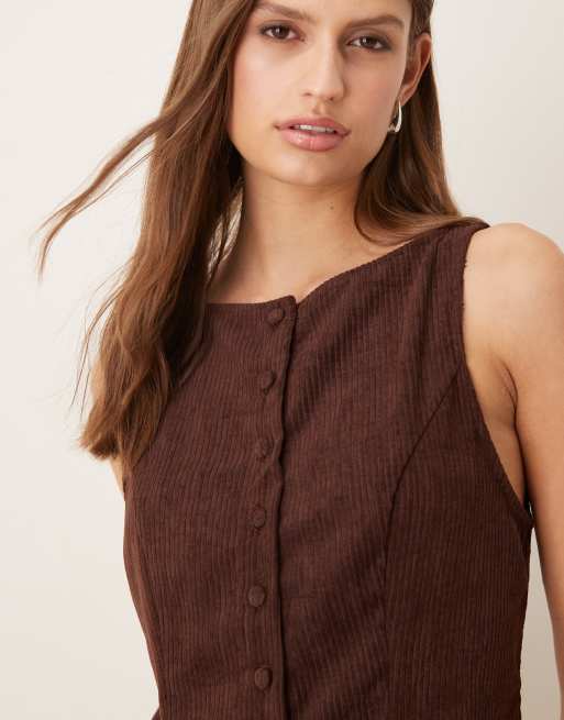 ASOS DESIGN cord slash neck button down dropped waist mini dress in chocolate, 2 of 4