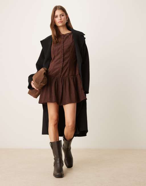 ASOS DESIGN cord slash neck button down dropped waist mini dress in chocolate, 3 of 4