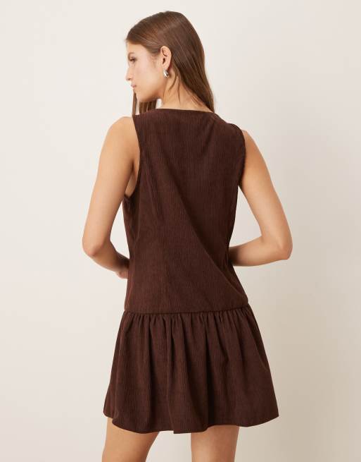 ASOS DESIGN cord slash neck button down dropped waist mini dress in chocolate, 4 of 4