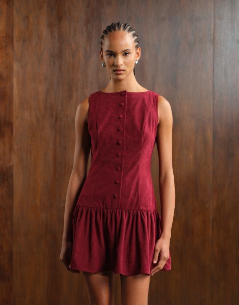 ASOS DESIGN cord slash neck button down dropped waist mini dress in deep cherry red - view 1