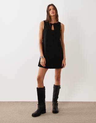 Asos Design Cord Slash Neck Keyhole Mini Dress In Black
