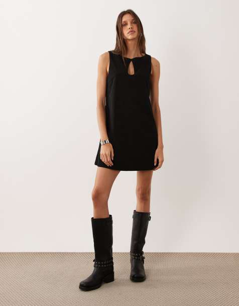 ASOS DESIGN cord slash neck keyhole mini dress in black - view 1