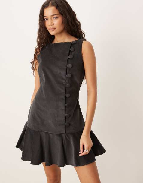 ASOS DESIGN cord slash neck mini dress with dropped waist and asymmetric buttons in chacoal - view 1