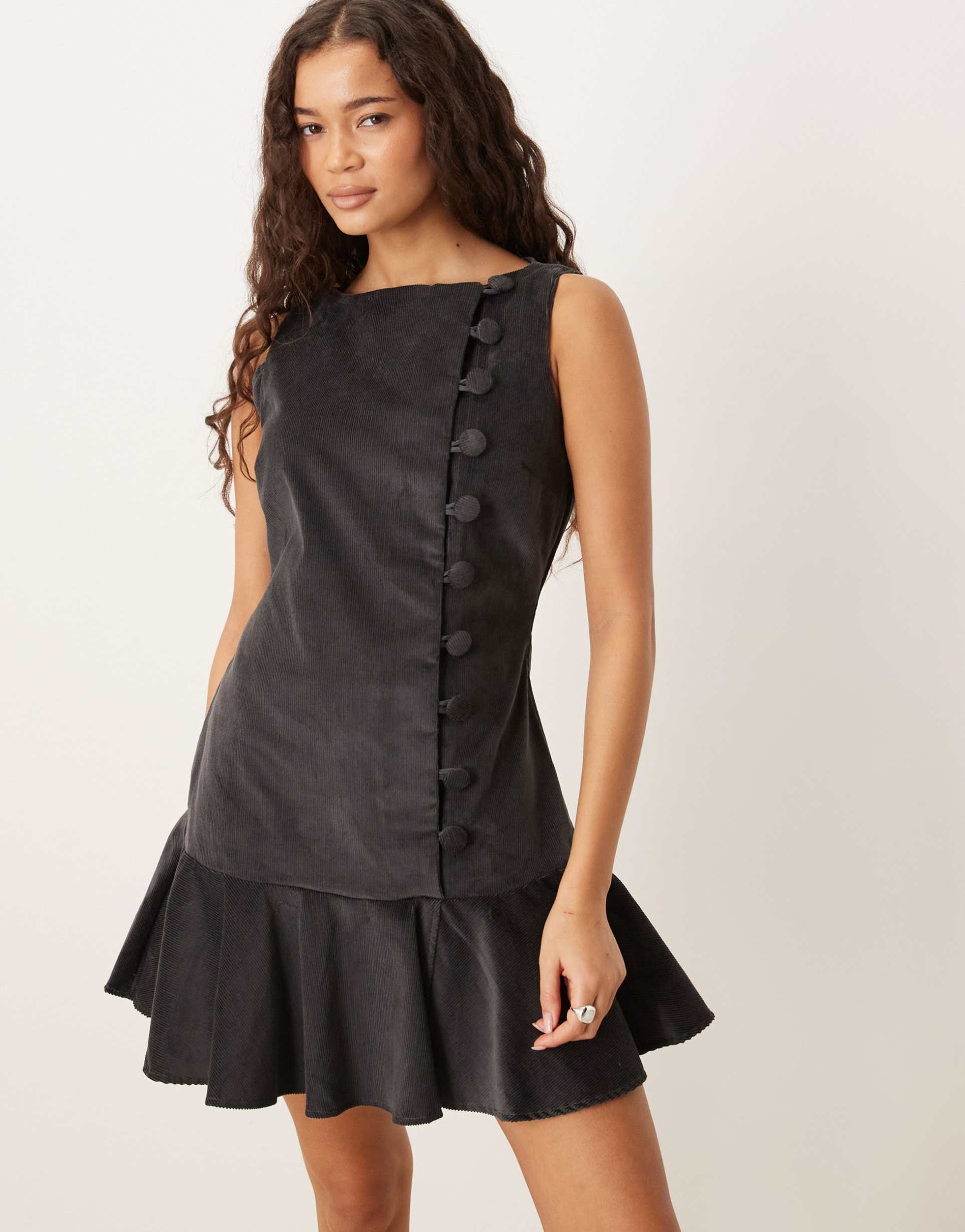 asos design cord slash neck mini dress with dropped waist and asymmetric buttons in charcoal