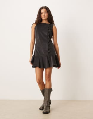 Asos Design Cord Slash Neck Mini Dress With Dropped Waist And Asymmetric Buttons In Black