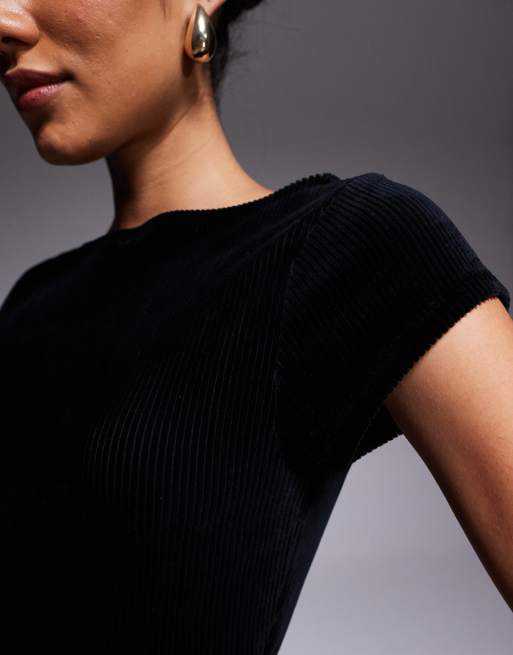 ASOS DESIGN cord slash neck seam detail mini dress in black, 4 of 4