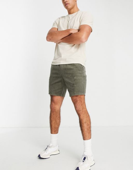 ASOS DESIGN slim cord shorts with cargo pockets in charcoal