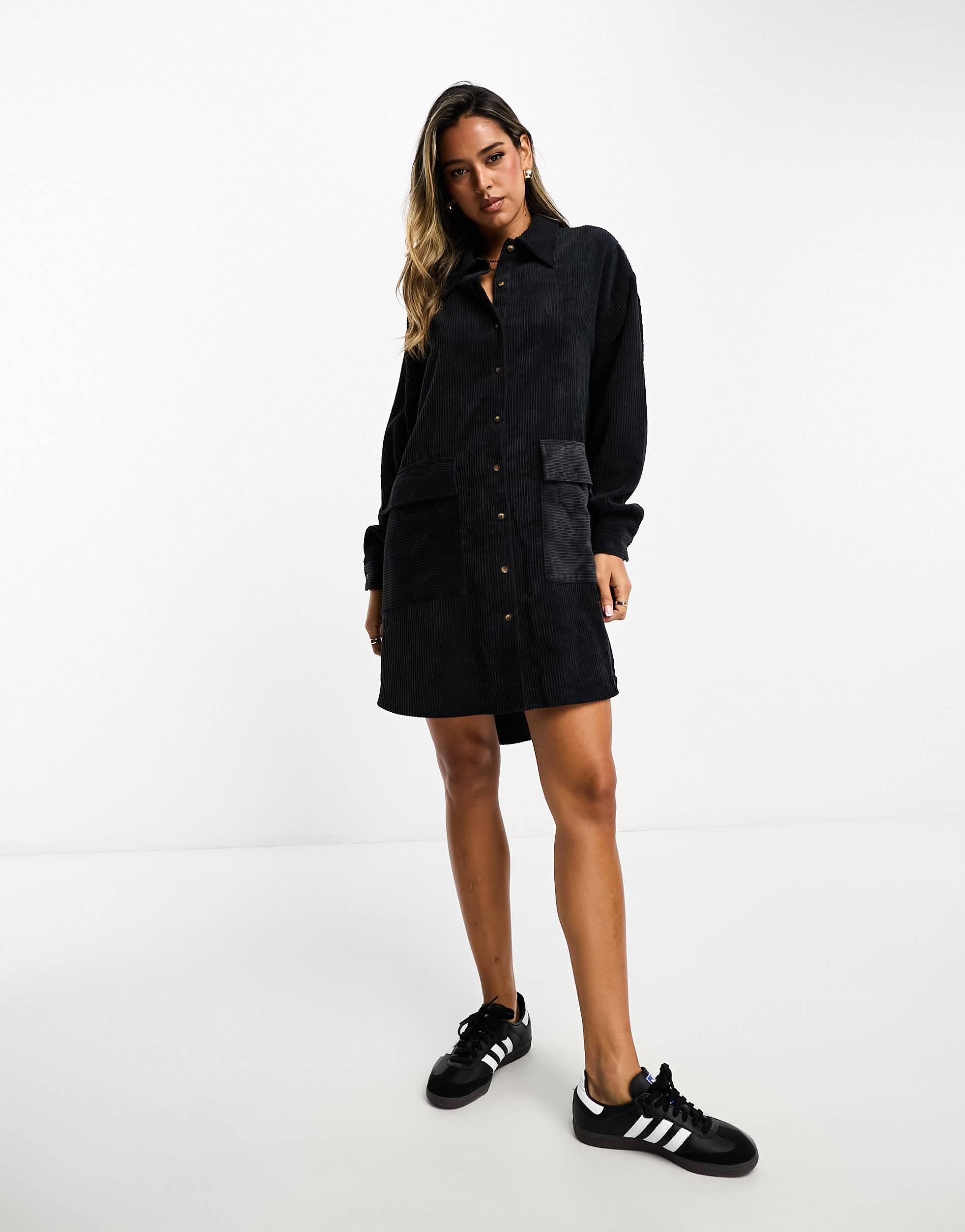 asos design cord sloppy oversized shirt dress with pocket detail in charcoal