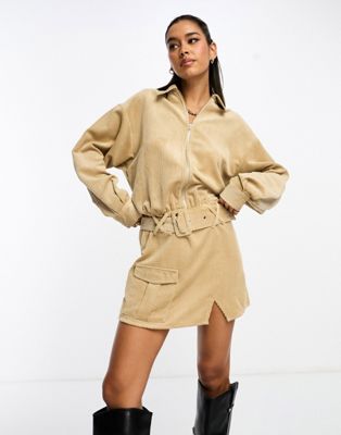 ASOS DESIGN cord slouchy shacket mini dress with low rise skirt in camel - ASOS Price Checker