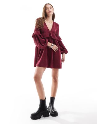 cord smock mini dress with frill detail in burgundy-pink