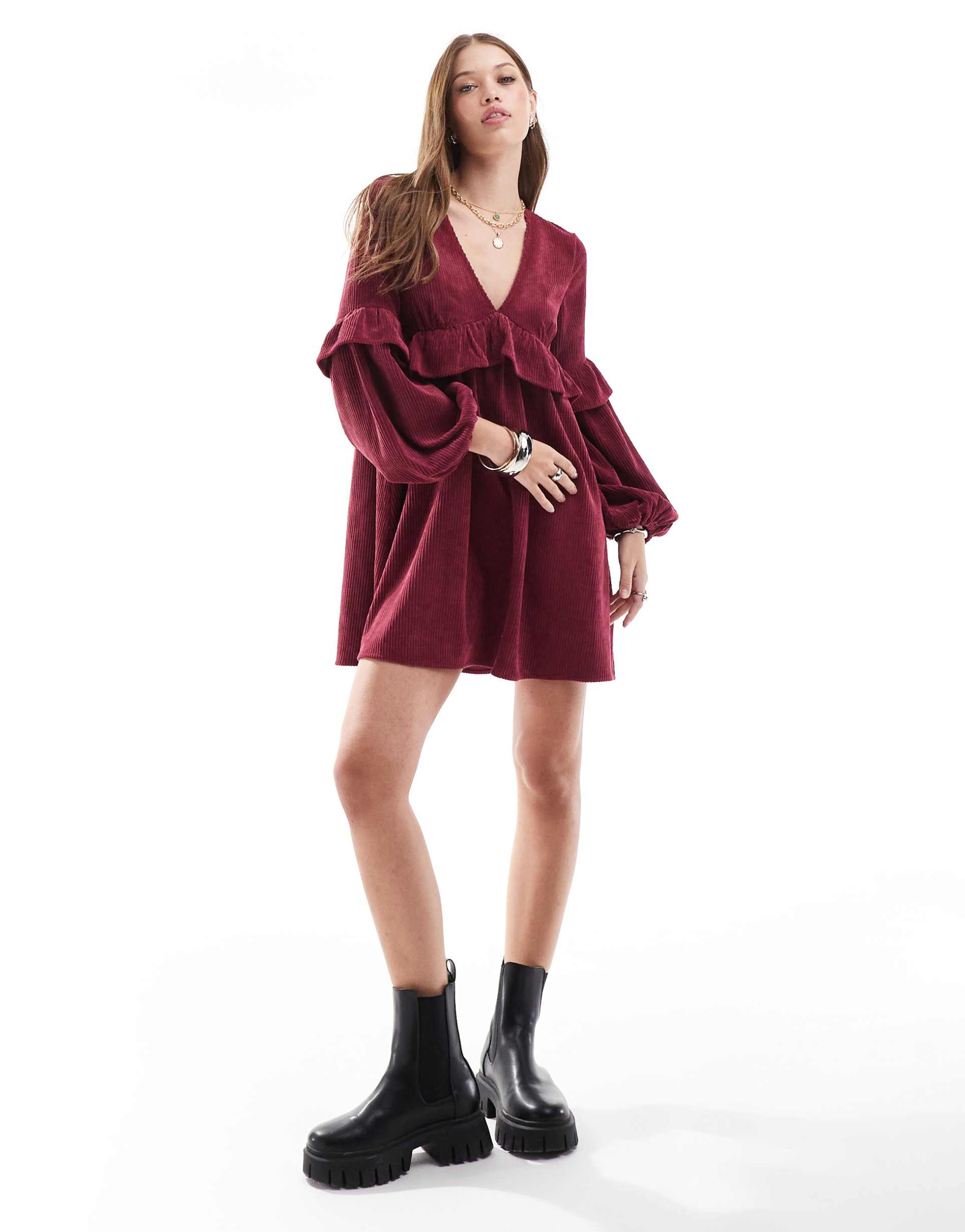 asos design cord smock mini dress with frill detail in burgundy