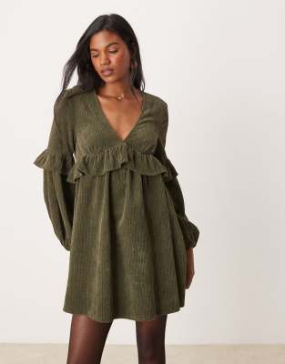 ASOS DESIGN cord smock mini dress with frill detail in deep olive-Green