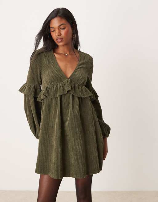 ASOS DESIGN cord smock mini dress with frill detail in deep olive