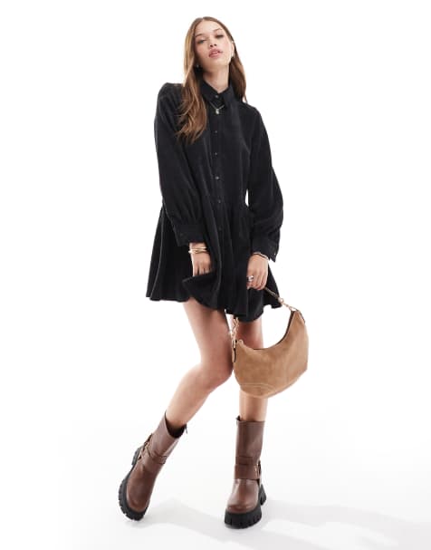ASOS DESIGN cord smock mini dress with peplum hem in black - view 1