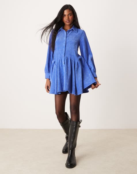 ASOS DESIGN cord smock mini dress with peplum hem in blue - view 1