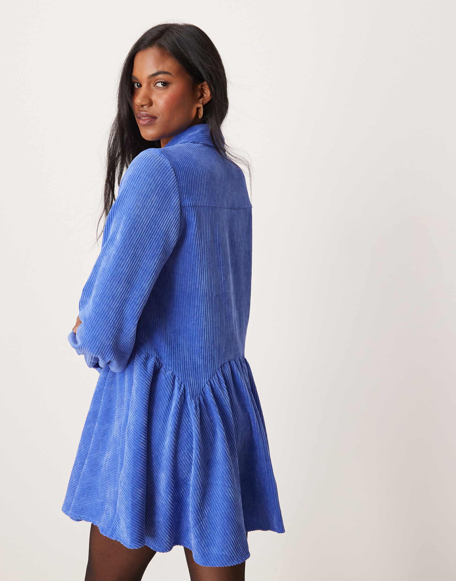 asos design cord smock mini dress with peplum hem in blue