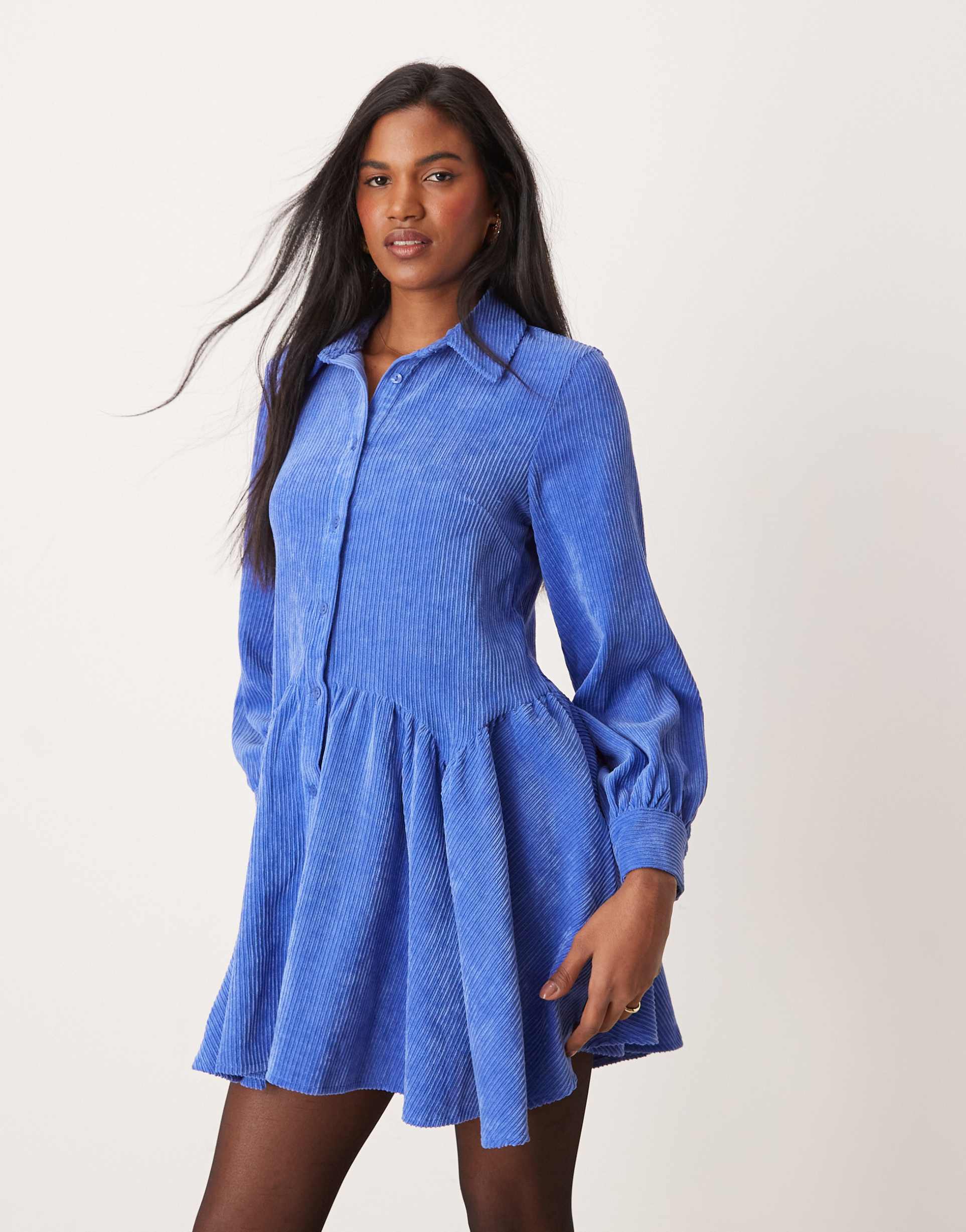 asos design cord smock mini dress with peplum hem in blue