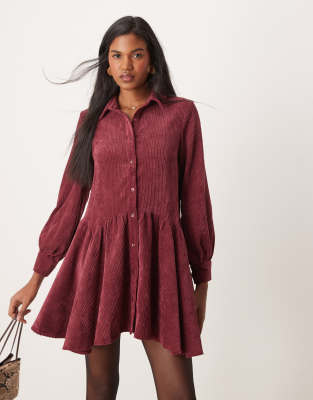 cord smock mini dress with peplum hem in burgundy-Multi