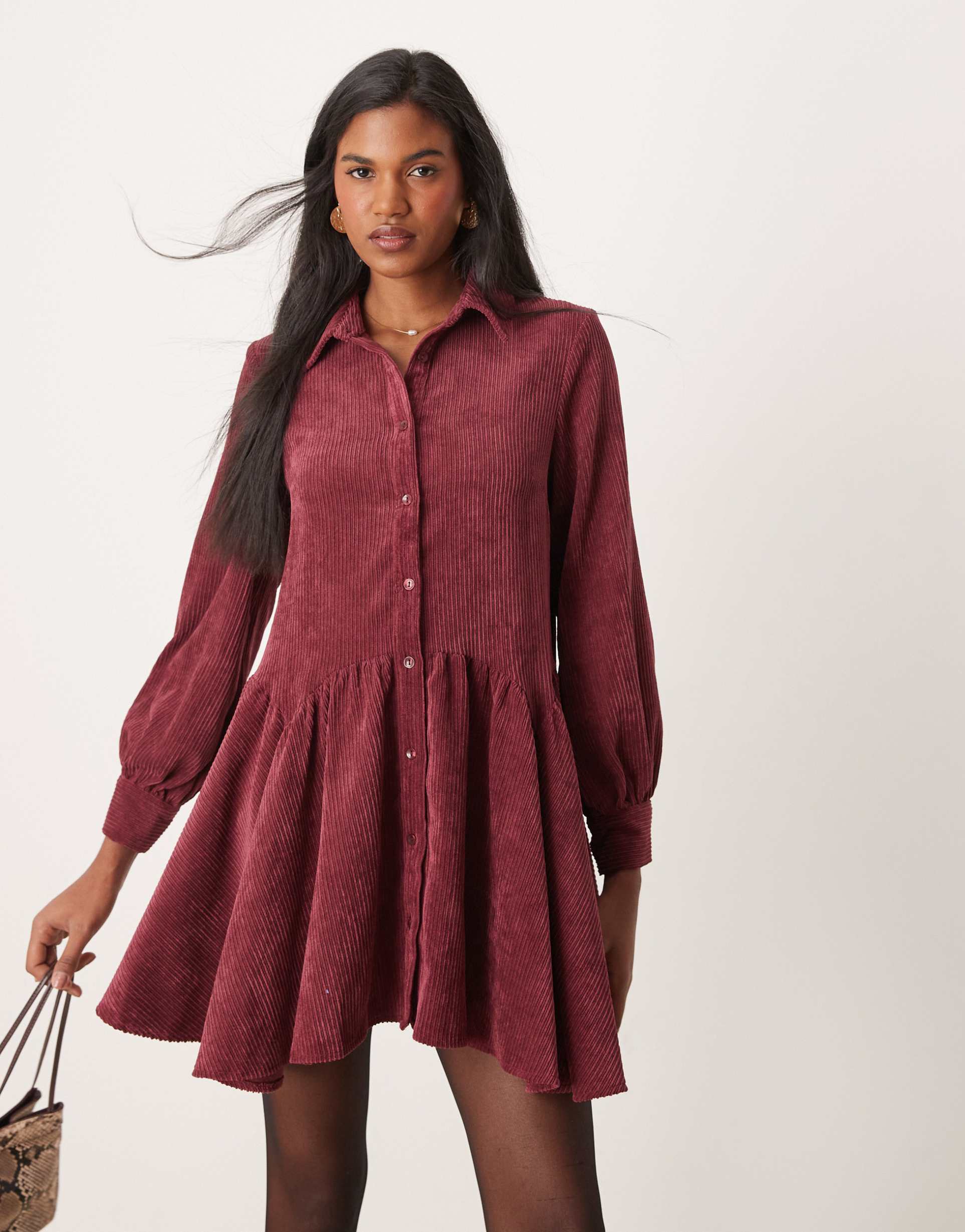 asos design cord smock mini dress with peplum hem in burgundy