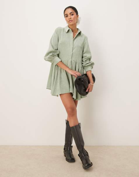 ASOS DESIGN cord smock mini dress with peplum hem in sage green - view 1