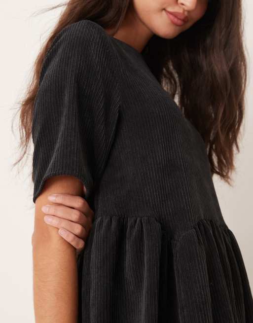 black short smock dress Puff Sleeve Tie Front Smock Mini Dress in Black