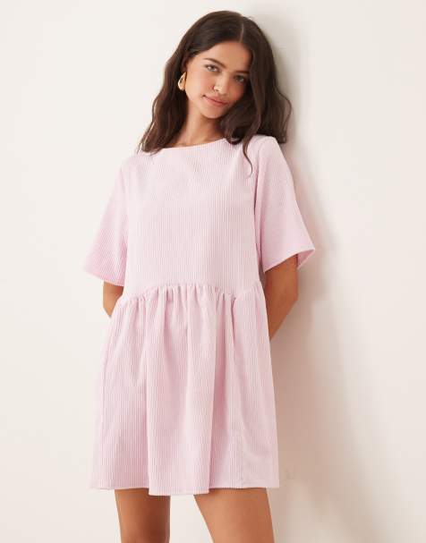 ASOS DESIGN cord smock tee mini dress with waist seam detail in pastel pink - view 1