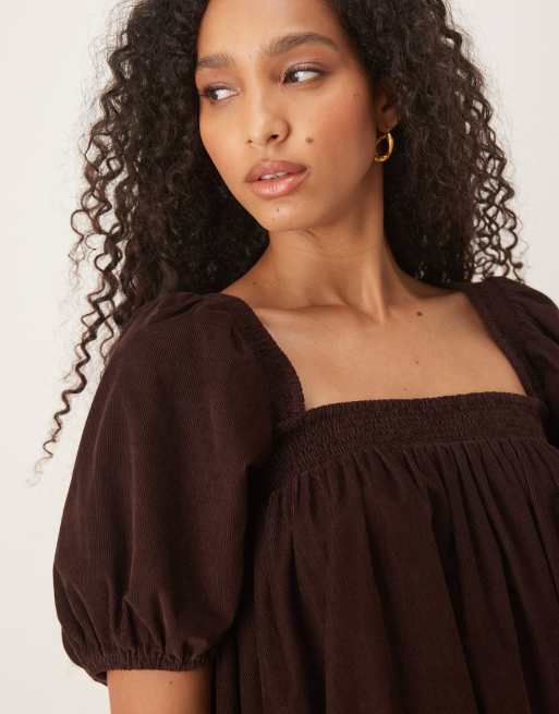ASOS DESIGN cord square neck babydoll mini with puff sleeves and lace trim in chocolate