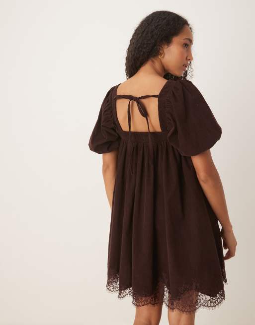 ASOS DESIGN cord square neck babydoll mini with puff sleeves and lace trim in chocolate
