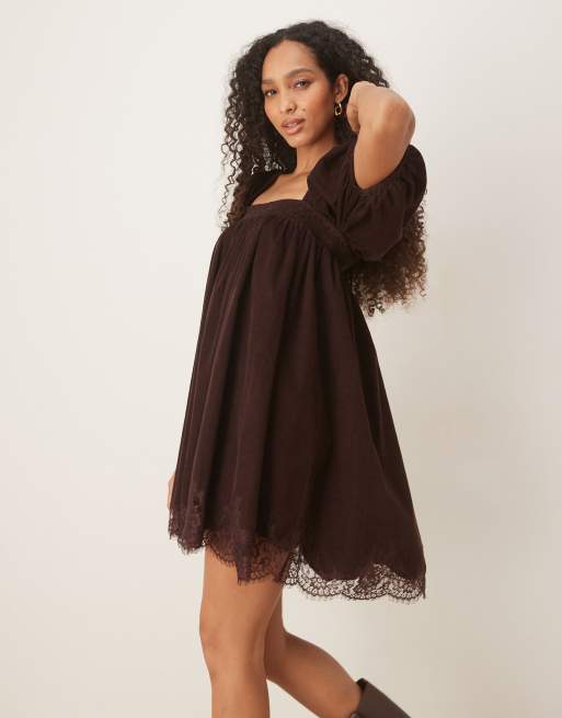 ASOS DESIGN cord square neck babydoll mini with puff sleeve and lace trims in chocolate, 3 of 4