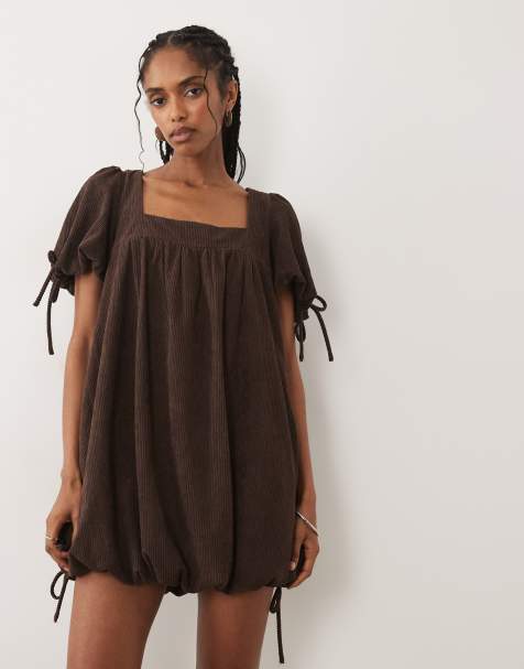 ASOS DESIGN cord square neck bubble mini dress in chocolate plum - view 1