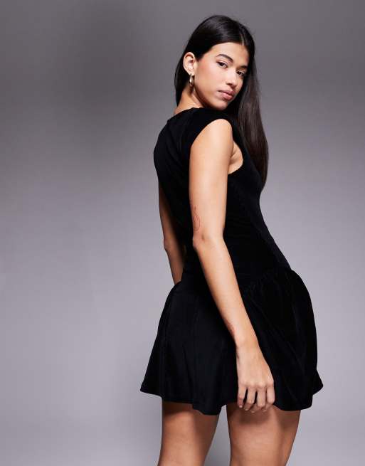 ASOS DESIGN cord square neck cap sleeve mini dress in black