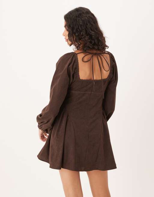ASOS DESIGN cord square neck gather bust mini dress with volume sleeve and lace trims in chocolate, 2 of 4