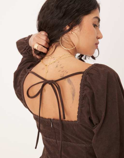 ASOS DESIGN cord square neck gather bust mini dress with volume sleeve and lace trims in chocolate, 3 of 4