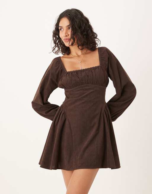 ASOS DESIGN cord square neck gather bust mini dress with volume sleeve and lace trims in chocolate, 4 of 4