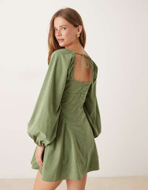 ASOS DESIGN cord square neck gather bust mini dress with volume sleeve and lace trims in washed olive, 3 of 4