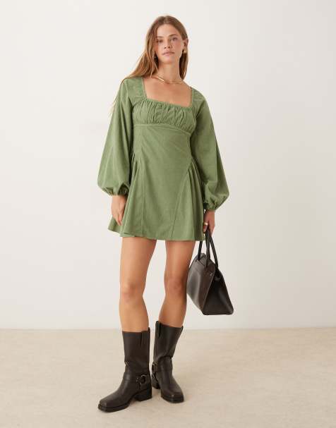 ASOS DESIGN cord square neck gather bust mini dress with volume sleeve and lace trims in washed pistachio green - view 1