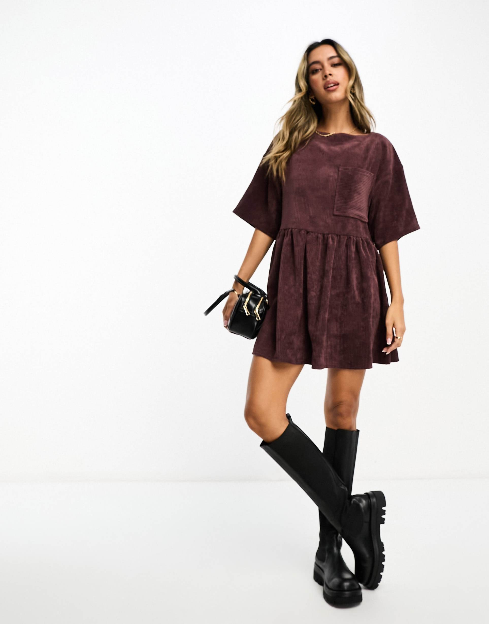 asos design cord t-shirt dress in chocolate